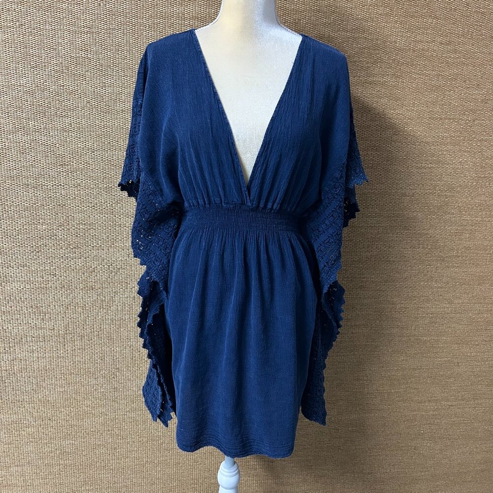 Seaspice Resort Wear Cover-Up Dress Womens XXL Blue Peruvian Cotton Crochet Trim